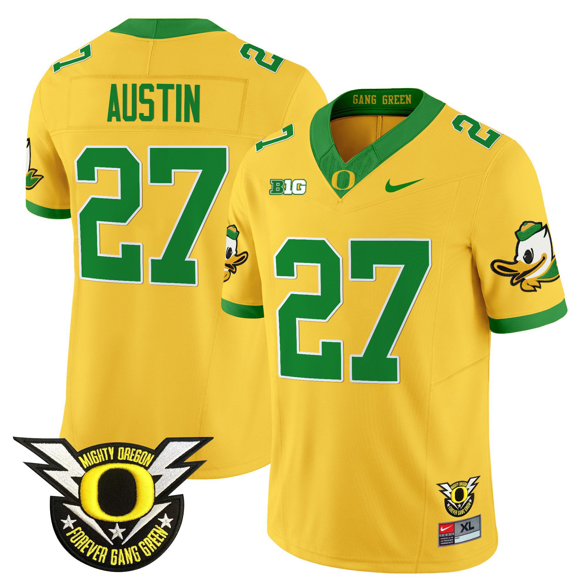 Men Oregon Ducks #27 Austin Yellow 2024 Nike Forever Gang Green & BIG Patch Vapor Limited NCAA Jersey